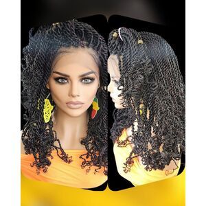 Handmade braided wig Jet Black Kinky twists wig 360 Lace Closure. NWT